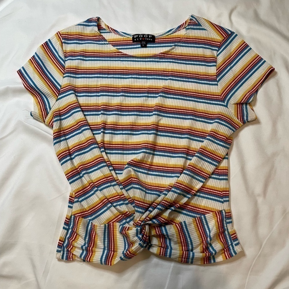 Poof size large blue/red/orange stripped ripped short sleeve t-shirt.